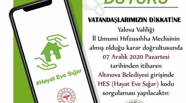 Altınova Belediyesi´nde HES kodu uygulaması başlıyor