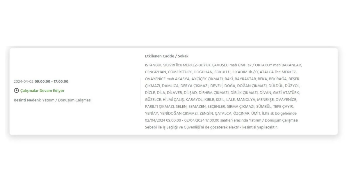 İstanbul'da 2 Nisan 2024 Salı elektrik kesintisi