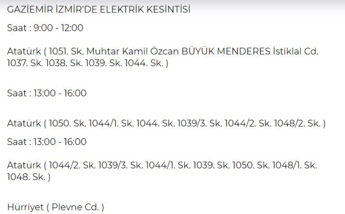 8 Mayıs Çarşamba İzmir elektrik kesintisi