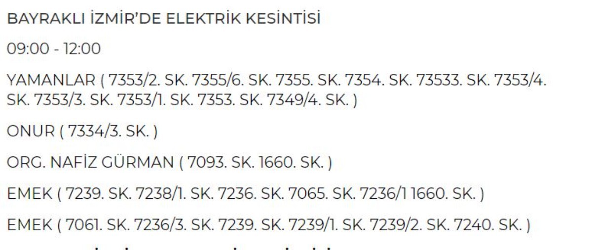 11 Haziran Salı günü İzmir elektrik kesintisi
