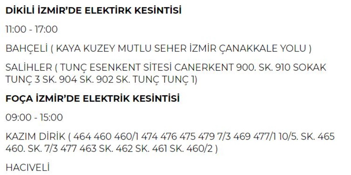 11 Haziran Salı günü İzmir elektrik kesintisi