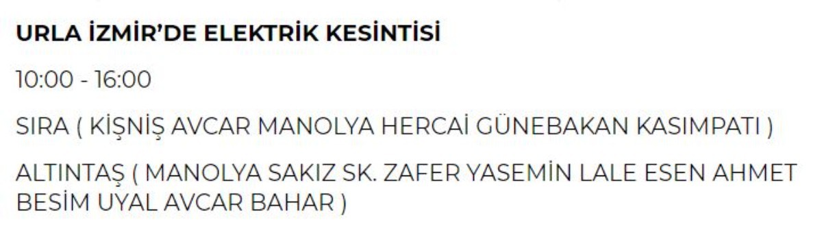 11 Haziran Salı günü İzmir elektrik kesintisi
