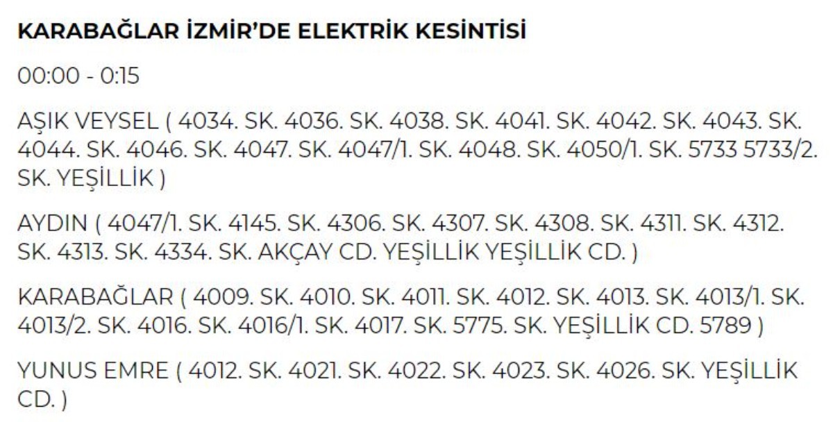 11 Haziran Salı günü İzmir elektrik kesintisi