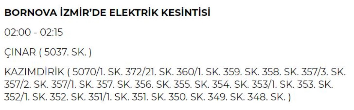 11 Haziran Salı günü İzmir elektrik kesintisi