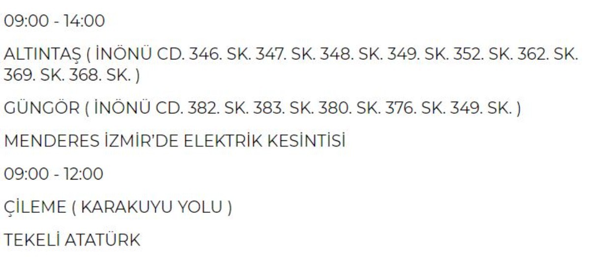 11 Haziran Salı günü İzmir elektrik kesintisi