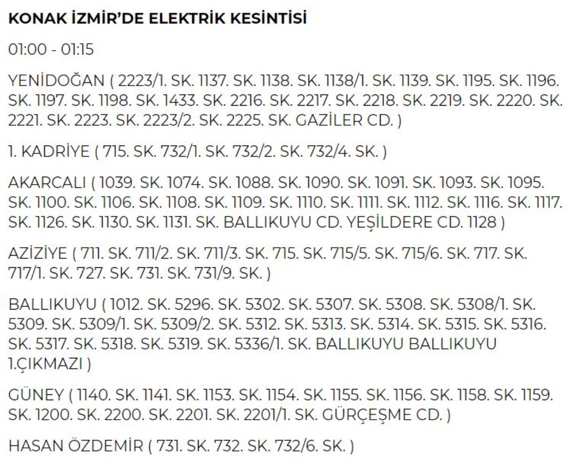 11 Haziran Salı günü İzmir elektrik kesintisi