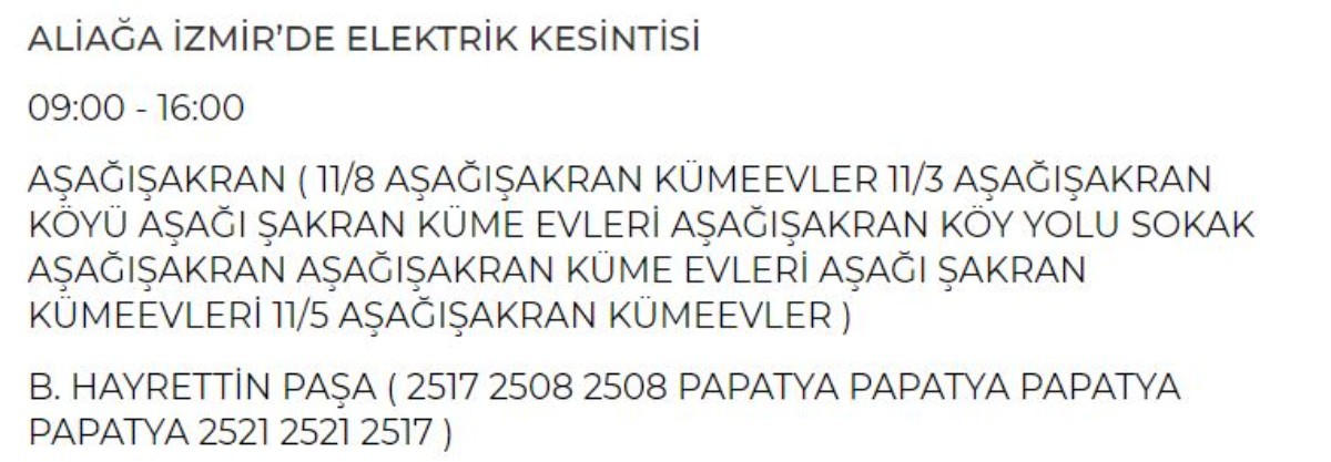 11 Haziran Salı günü İzmir elektrik kesintisi