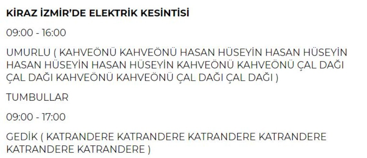 11 Haziran Salı günü İzmir elektrik kesintisi