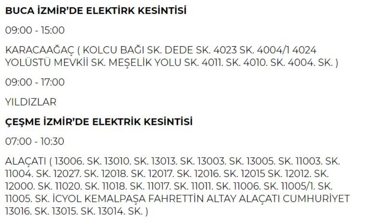 11 Haziran Salı günü İzmir elektrik kesintisi
