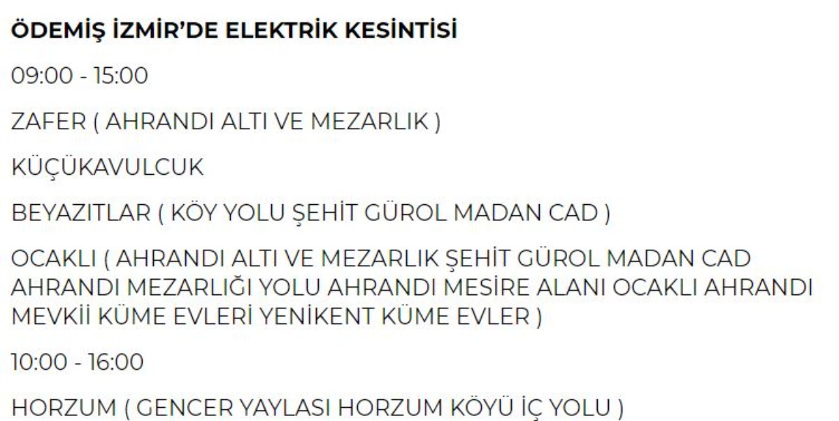 11 Haziran Salı günü İzmir elektrik kesintisi