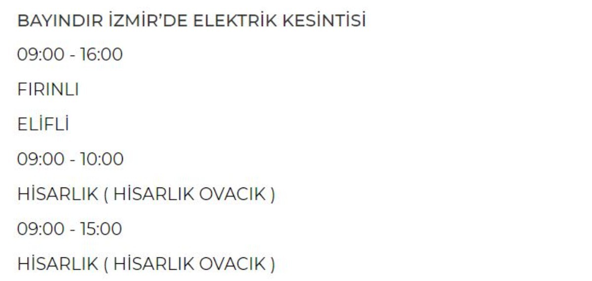 11 Haziran Salı günü İzmir elektrik kesintisi