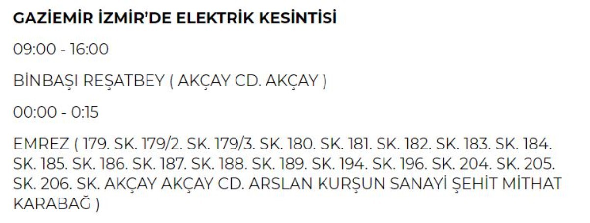 11 Haziran Salı günü İzmir elektrik kesintisi
