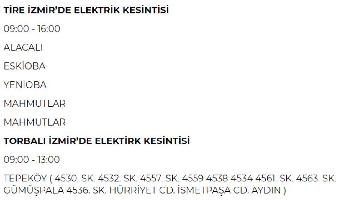 11 Haziran Salı günü İzmir elektrik kesintisi