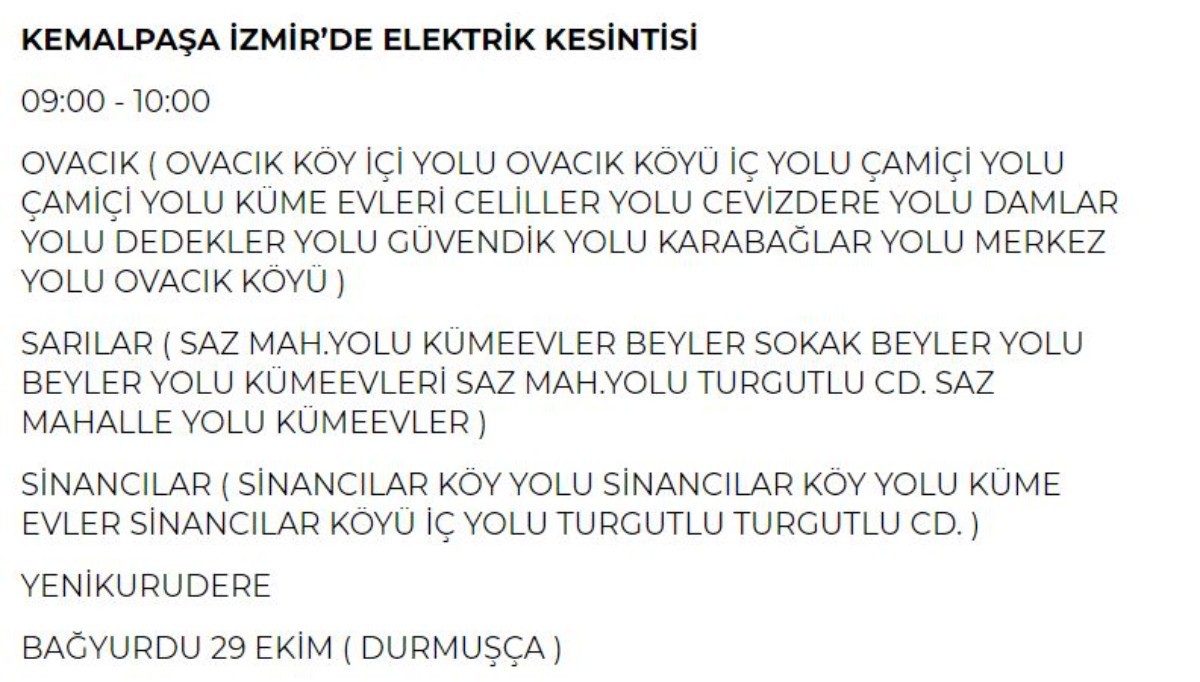 11 Haziran Salı günü İzmir elektrik kesintisi