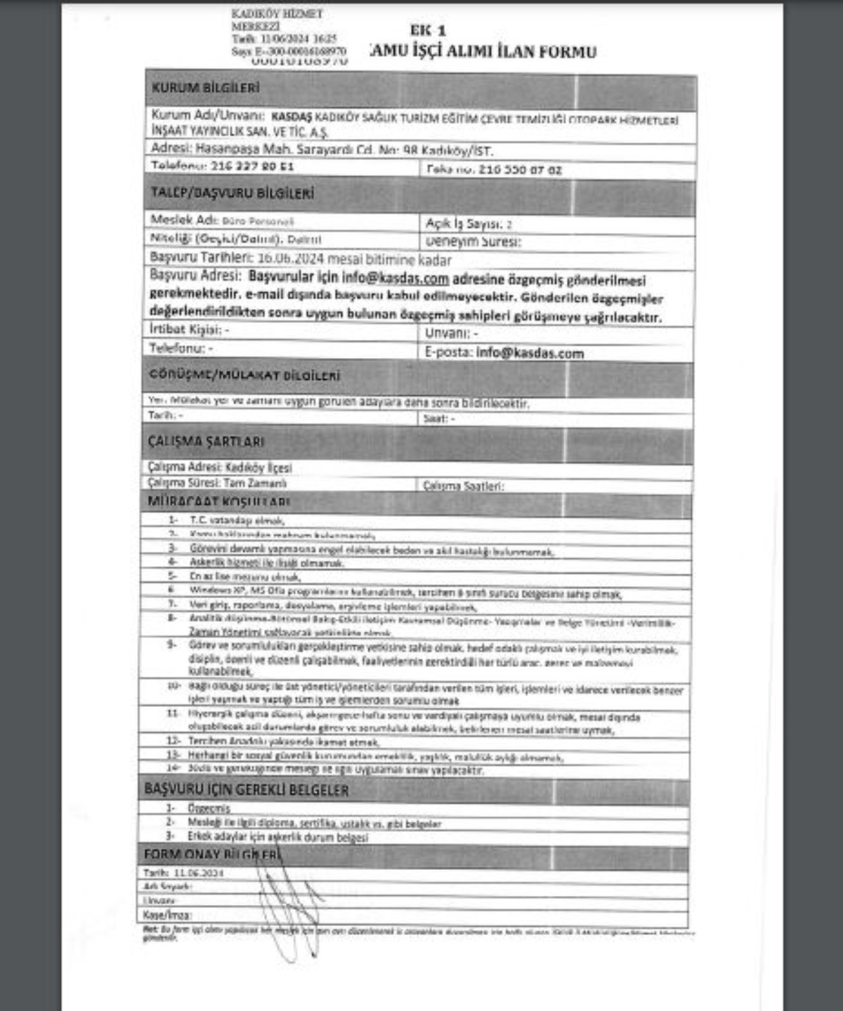 Büro personeli, garson, destek personeli alımı yapılacak