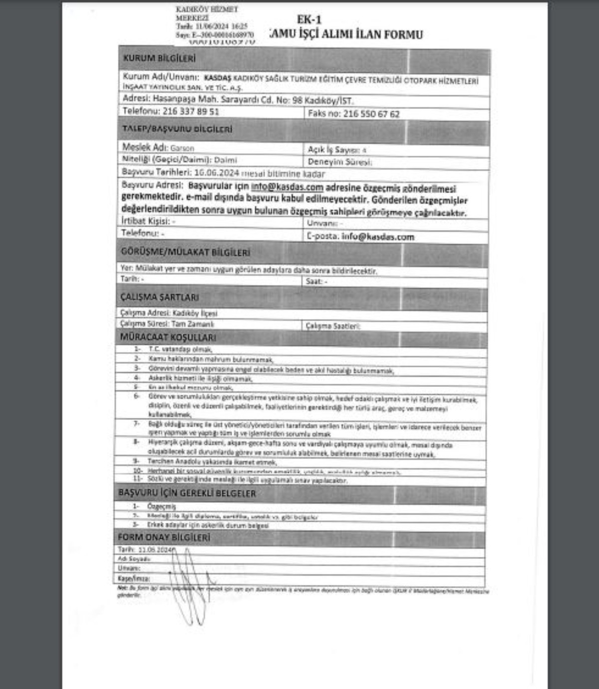 Büro personeli, garson, destek personeli alımı yapılacak