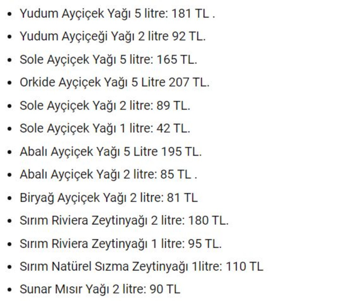 Güncel Ayçiçek Yağı Fiyatları