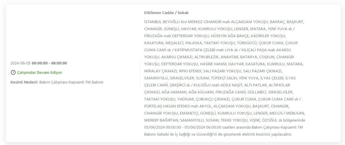 İstanbul'da elektrik kesintisi 5 Haziran 2024