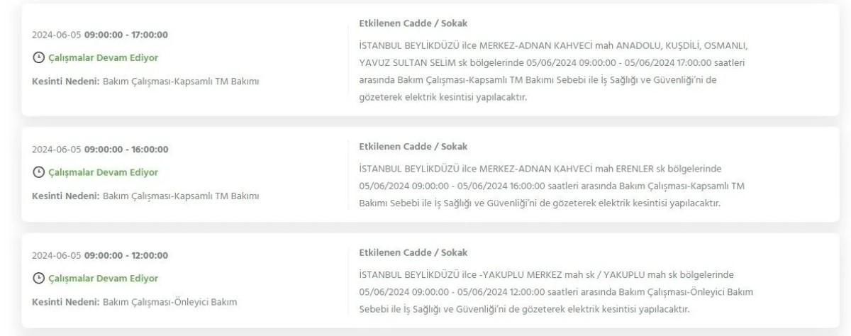 İstanbul'da elektrik kesintisi 5 Haziran 2024