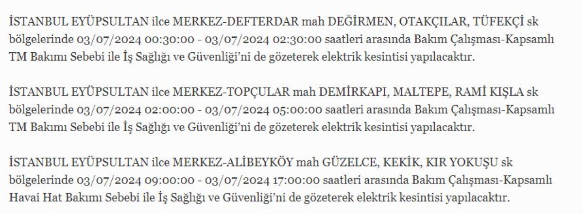 3 Temmuz İstanbul'da elektrik kesintisi