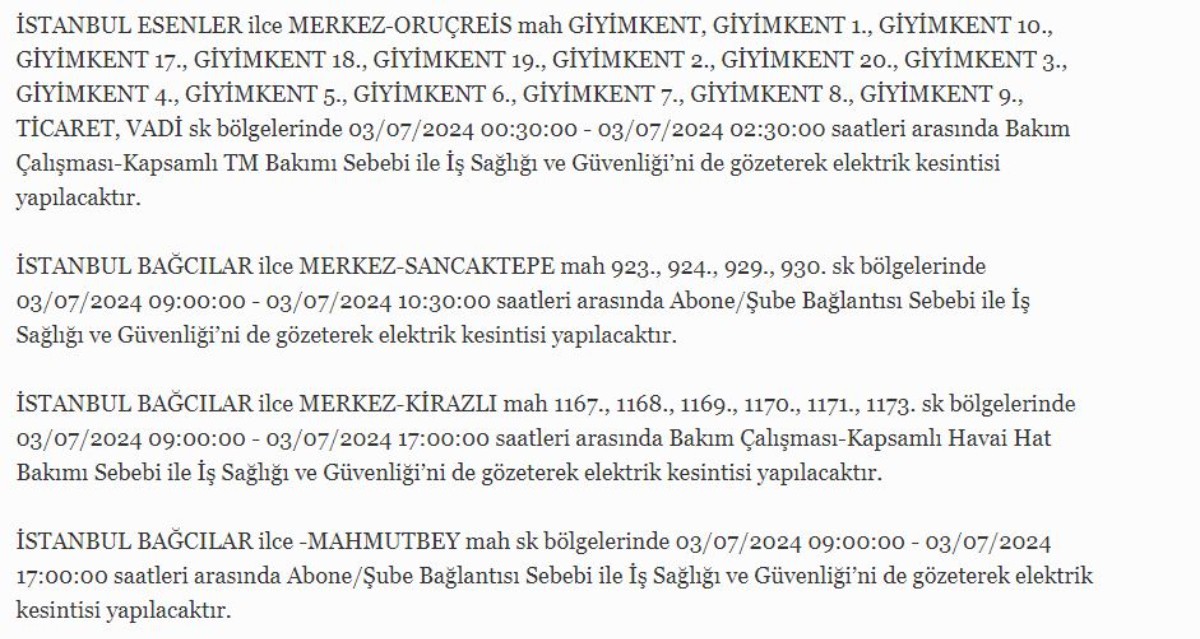 3 Temmuz İstanbul'da elektrik kesintisi