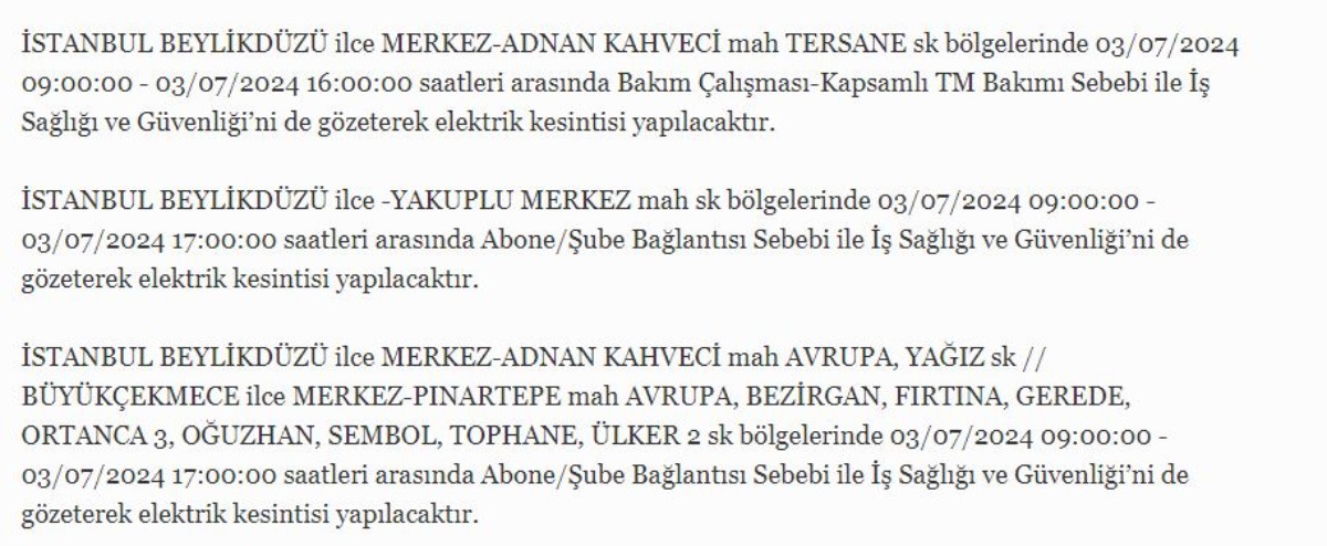 3 Temmuz İstanbul'da elektrik kesintisi