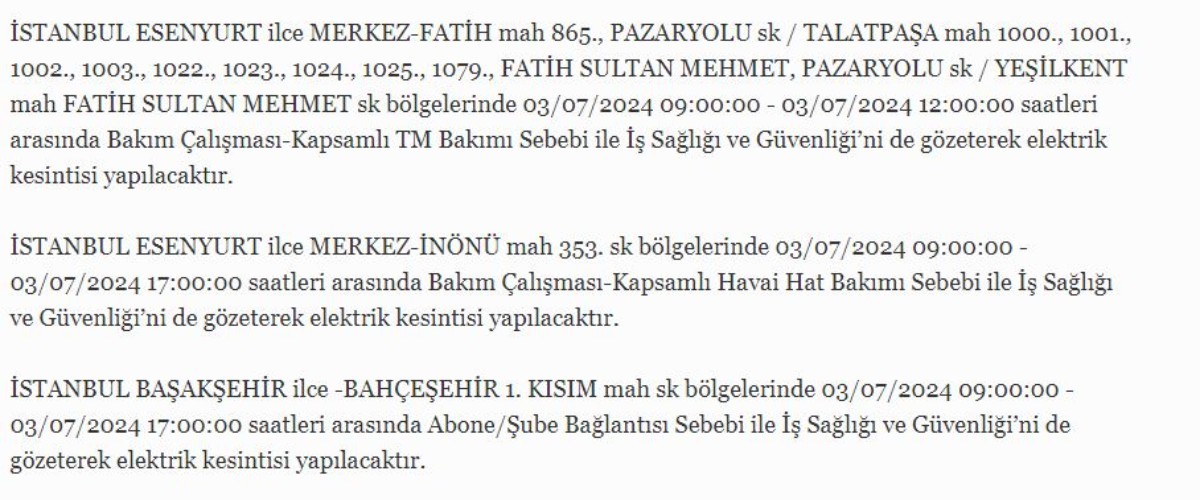 3 Temmuz İstanbul'da elektrik kesintisi