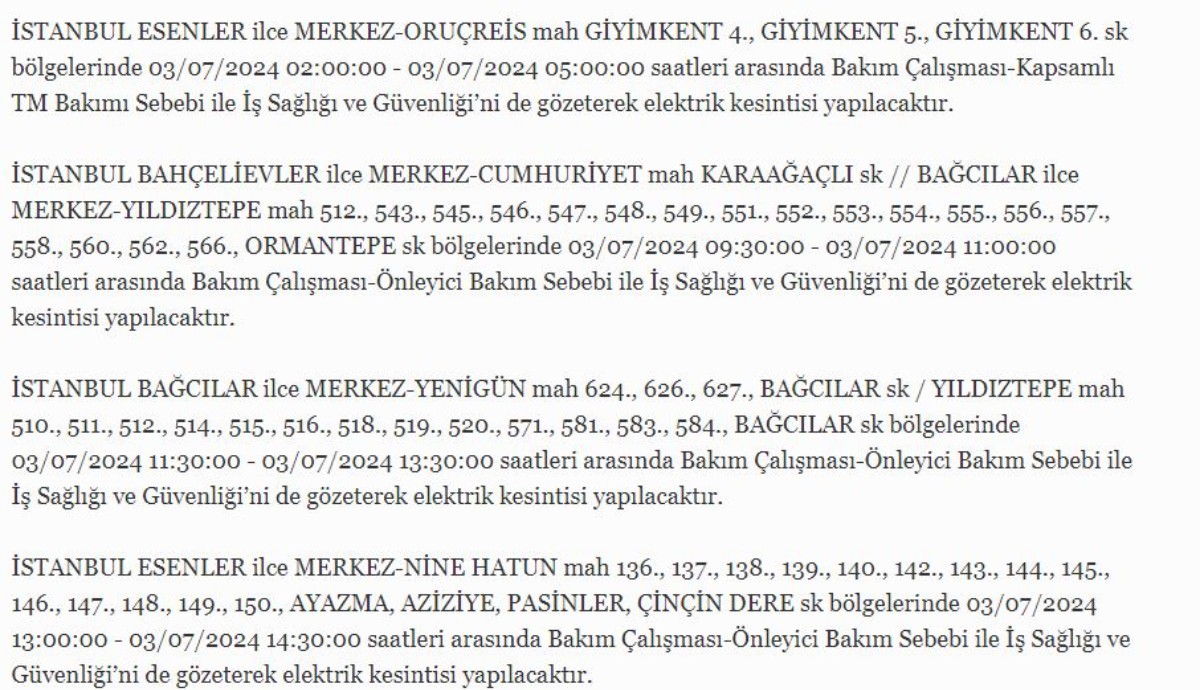 3 Temmuz İstanbul'da elektrik kesintisi