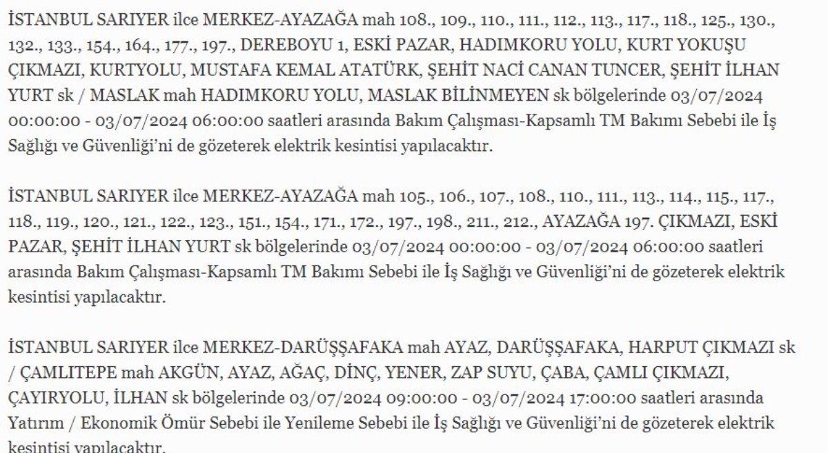 3 Temmuz İstanbul'da elektrik kesintisi
