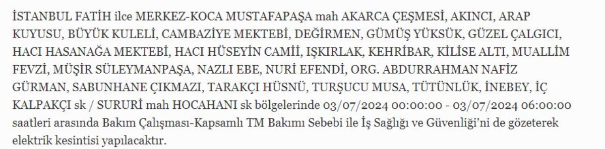3 Temmuz İstanbul'da elektrik kesintisi