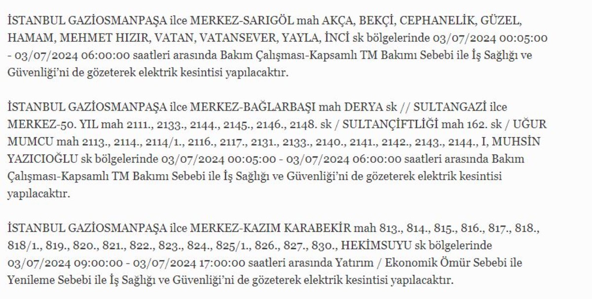 3 Temmuz İstanbul'da elektrik kesintisi