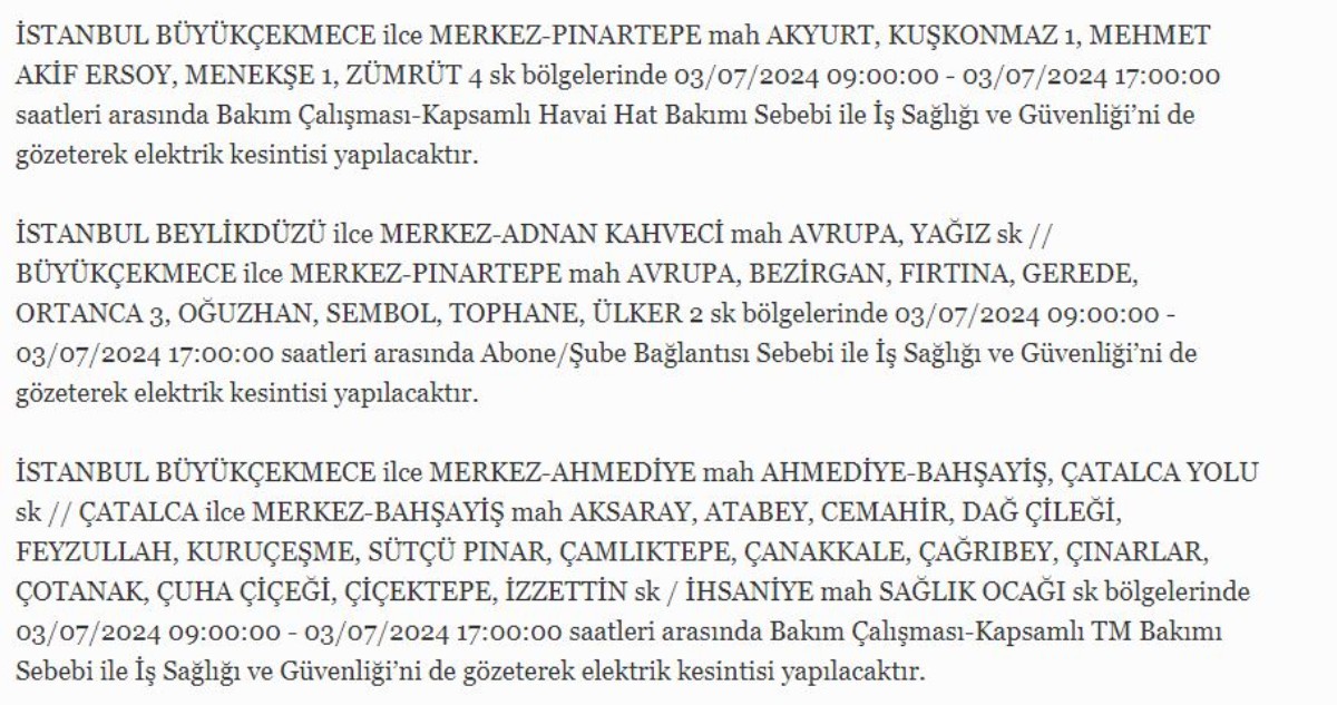 3 Temmuz İstanbul'da elektrik kesintisi