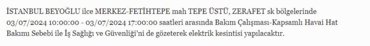3 Temmuz İstanbul'da elektrik kesintisi