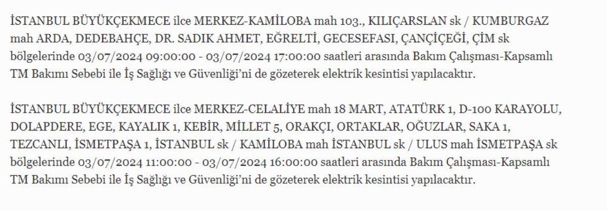 3 Temmuz İstanbul'da elektrik kesintisi