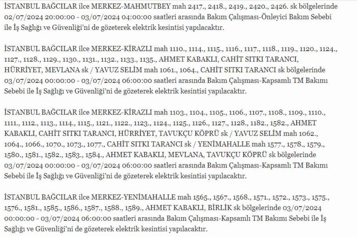 3 Temmuz İstanbul'da elektrik kesintisi
