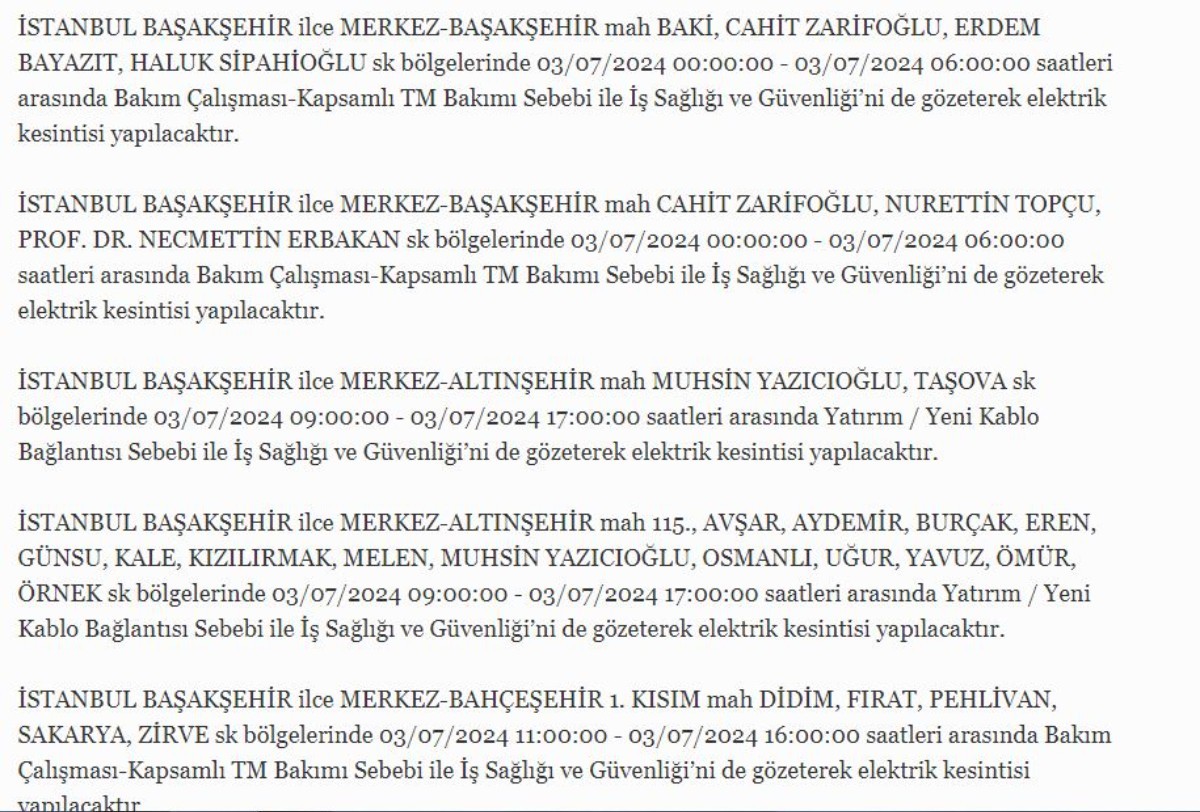 3 Temmuz İstanbul'da elektrik kesintisi