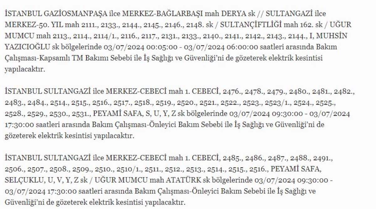 3 Temmuz İstanbul'da elektrik kesintisi