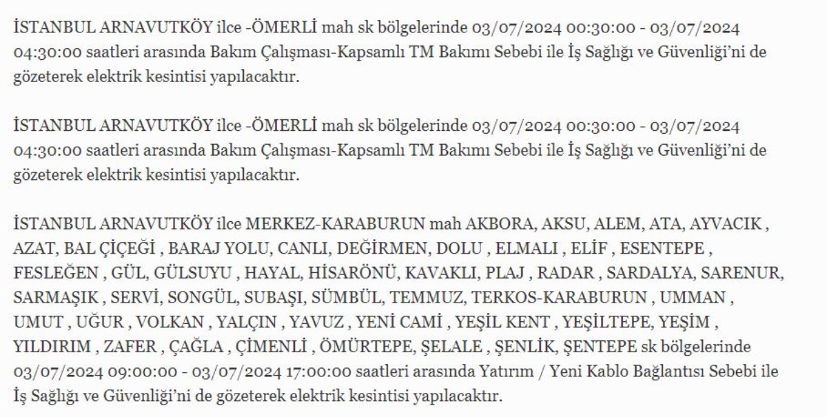 3 Temmuz İstanbul'da elektrik kesintisi