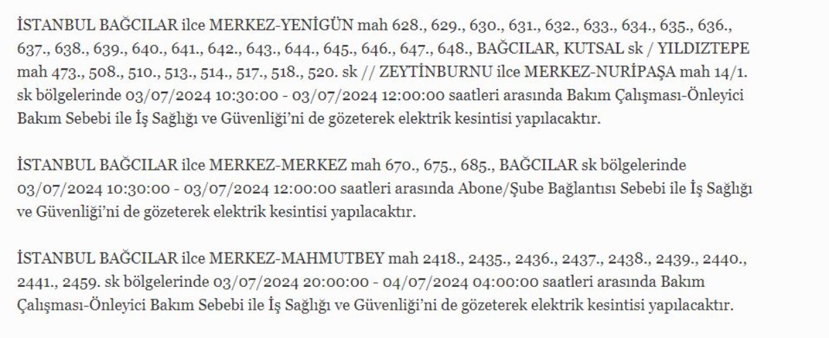 3 Temmuz İstanbul'da elektrik kesintisi
