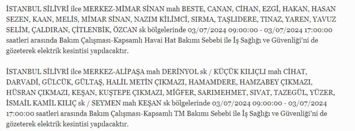 3 Temmuz İstanbul'da elektrik kesintisi