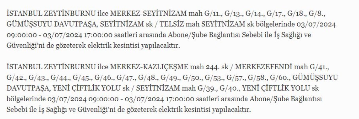 3 Temmuz İstanbul'da elektrik kesintisi