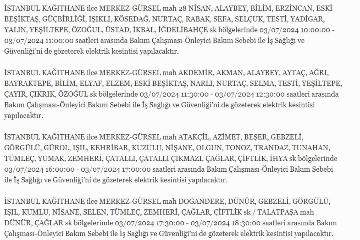 3 Temmuz İstanbul'da elektrik kesintisi