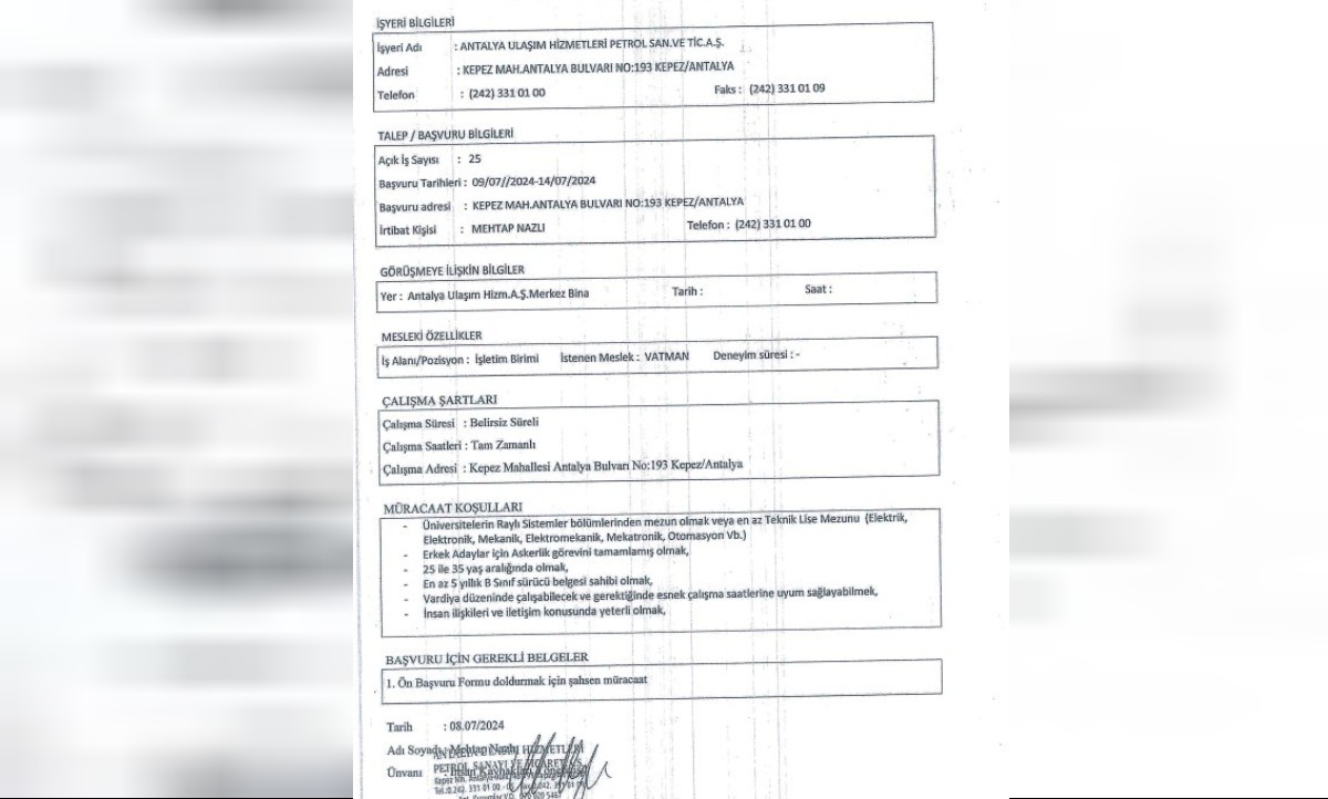 Antalya Ulaşım Hizmetleri Personel Alımı