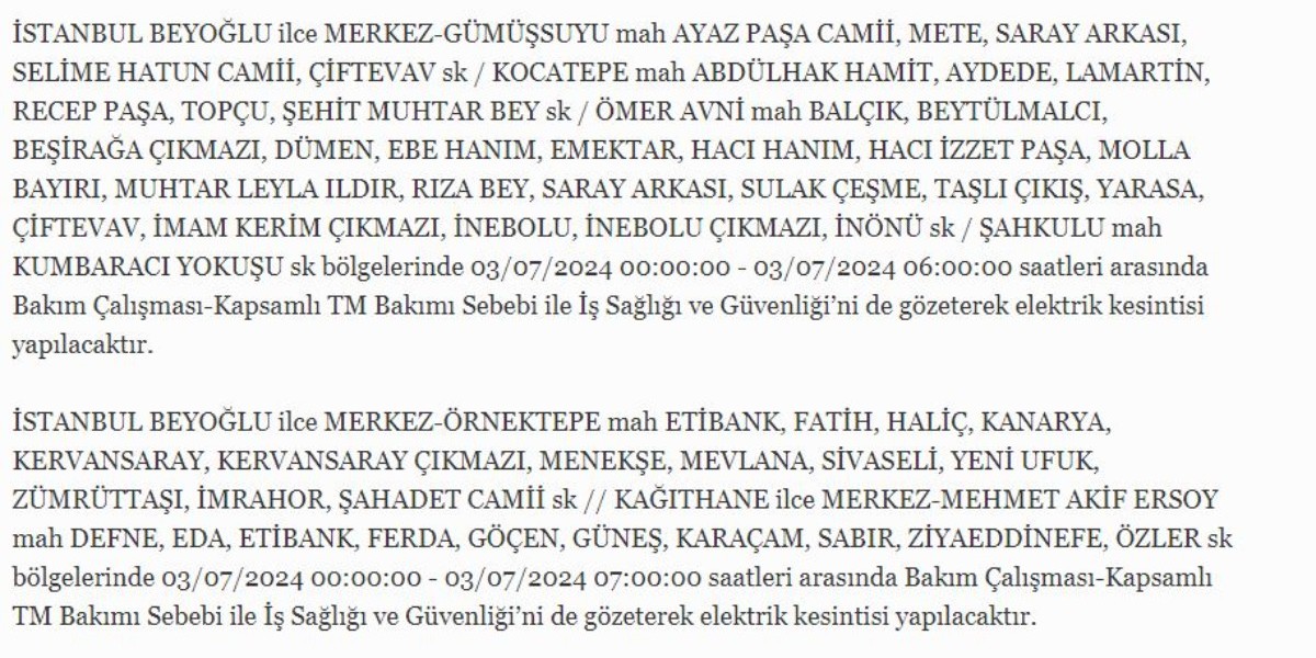 Temmuz İstanbul'da elektrik kesintisi